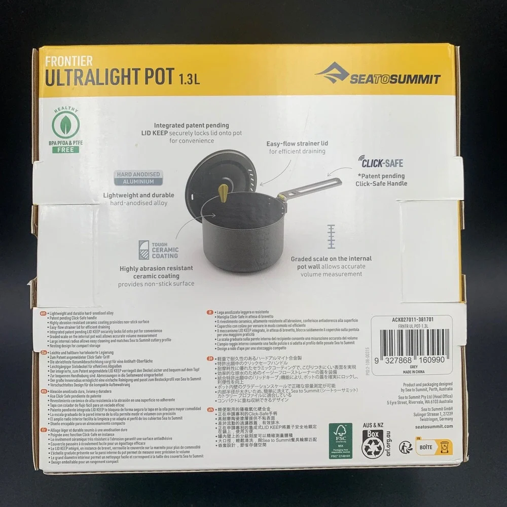 Sea to Summit Frontier Ultralight Pot 1.3L Hard Anodized Camping Cookware Grey